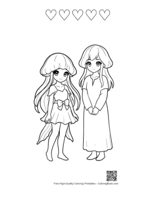 Thumbnail: Cute Moon Jellyfish Girls Standing Together Printable and 5 Heart Outline