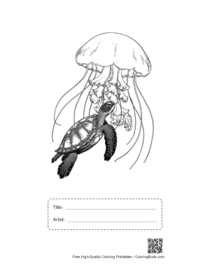 Thumbnail: Sea Turtle Nibbling Moon Jellyfish Printable with Title and Artist Box