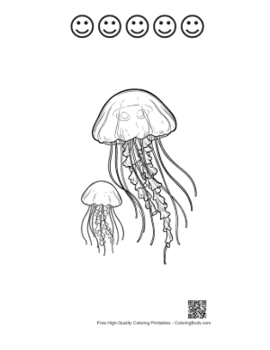 Thumbnail: Two Graceful Moon Jellyfish Drifting Printable and 5 Happy Face Outline