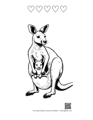 Thumbnail: Mother Kangaroo Nurturing Joey in Pouch Printable and 5 Heart Outline