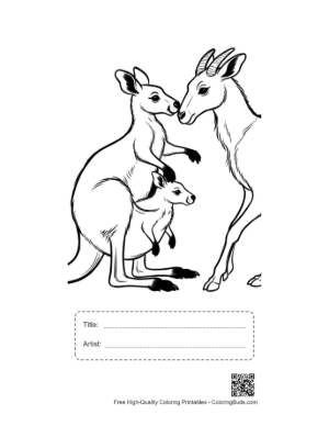 Thumbnail: Mother Kangaroo Nuzzling Mate with Joey in Pouch Printable with Title and Artist Box