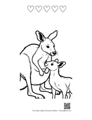 Thumbnail: Mother Kangaroo with Joey in Pouch Printable and 5 Heart Outline