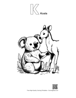 Thumbnail: Koala Munching Eucalyptus with Fawn Friend Printable Outline Alphabet K Koala