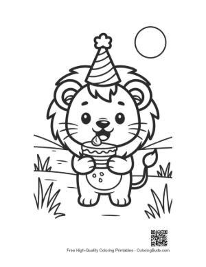 Thumbnail: Adorable Lion Cub Celebrating with a Cupcake and Hat Printable