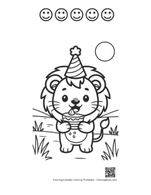 Thumbnail: Adorable Lion Cub Celebrating with a Cupcake and Hat Printable and 5 Happy Face Outline
