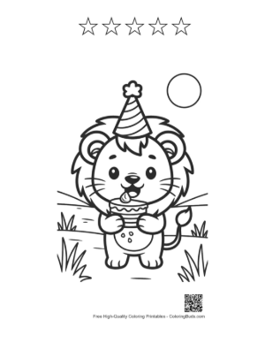 Thumbnail: Adorable Lion Cub Celebrating with a Cupcake and Hat Printable and 5 Star Outline