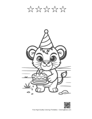 Thumbnail: Baby Lion Holding a Birthday Gift and Wearing a Crown Printable and 5 Star Outline