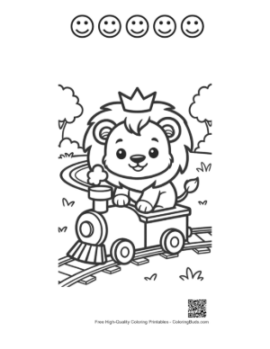 Thumbnail: Cheerful Lion Cub Riding a Toy Train with a Party Hat Printable and 5 Happy Face Outline