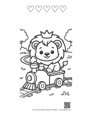 Thumbnail: Cheerful Lion Cub Riding a Toy Train with a Party Hat Printable and 5 Heart Outline