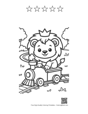 Thumbnail: Cheerful Lion Cub Riding a Toy Train with a Party Hat Printable and 5 Star Outline