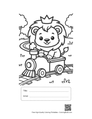 Thumbnail: Cheerful Lion Cub Riding a Toy Train with a Party Hat Printable with Title and Artist Box