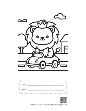 Thumbnail: Cute Baby Lion Waving from a Tiny Convertible Car Printable with Title and Artist Box