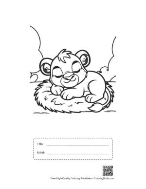 Thumbnail: Cute Lion Cub Taking a Nap on a Soft Fluffy Pillow Printable with Title and Artist Box
