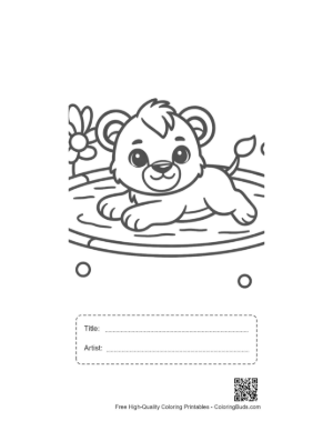 Thumbnail: Happy Baby Lion Splashing in a Small Forest Pool Printable with Title and Artist Box