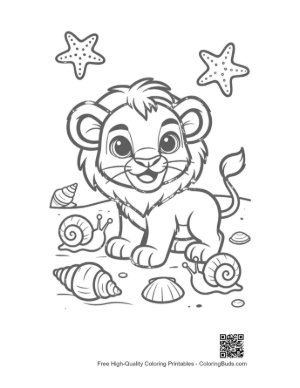 Thumbnail: Happy Lion Cub Playing with Seashells on a Sandy Beach Printable
