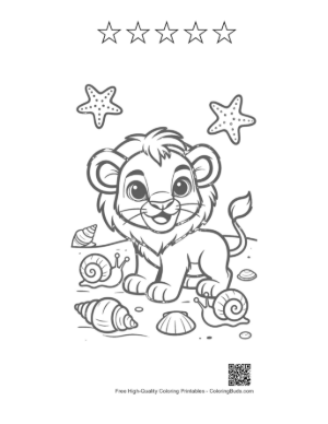 Thumbnail: Happy Lion Cub Playing with Seashells on a Sandy Beach Printable and 5 Star Outline