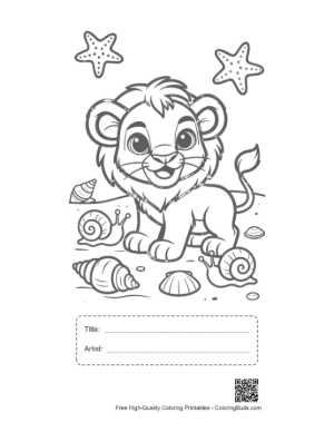 Thumbnail: Happy Lion Cub Playing with Seashells on a Sandy Beach Printable with Title and Artist Box