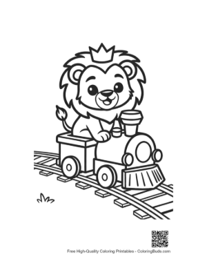 Thumbnail: Happy Lion Cub Sitting on a Train Traveling Through Hills Printable