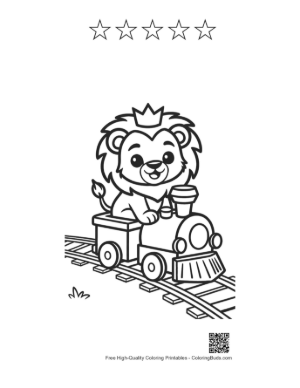 Thumbnail: Happy Lion Cub Sitting on a Train Traveling Through Hills Printable and 5 Star Outline
