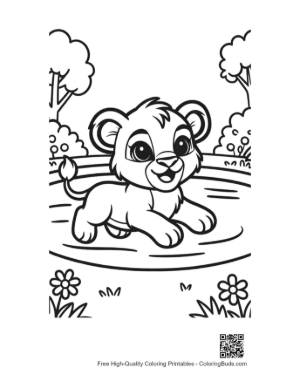 Thumbnail: Little Lion Cub Playing in a Pond with Water Lilies Printable