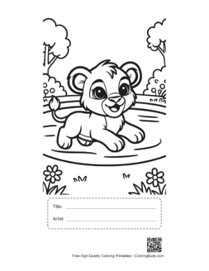 Thumbnail: Little Lion Cub Playing in a Pond with Water Lilies Printable with Title and Artist Box