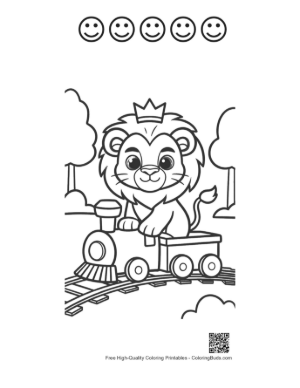 Thumbnail: Little Lion Cub Waving from a Colorful Toy Train Car Printable and 5 Happy Face Outline