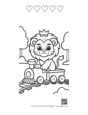Thumbnail: Little Lion Cub Waving from a Colorful Toy Train Car Printable and 5 Heart Outline
