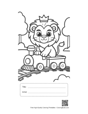 Thumbnail: Little Lion Cub Waving from a Colorful Toy Train Car Printable with Title and Artist Box