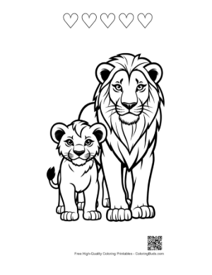 Thumbnail: Majestic Lion and Playful Cub Printable and 5 Heart Outline