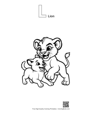 Thumbnail: Playful Lion and Cub Wrestling Printable Outline Alphabet L Lion