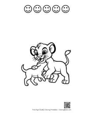 Thumbnail: Playful Lion and Cute Lion Cub Wrestling Printable and 5 Happy Face Outline