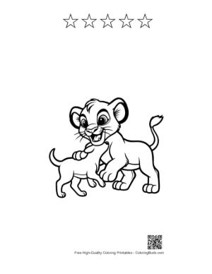 Thumbnail: Playful Lion and Cute Lion Cub Wrestling Printable and 5 Star Outline