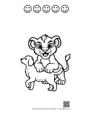 Thumbnail: Playful Lion Cub Riding Happy Puppy Printable and 5 Happy Face Outline