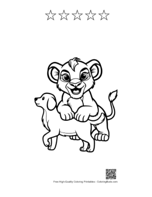 Thumbnail: Playful Lion Cub Riding Happy Puppy Printable and 5 Star Outline