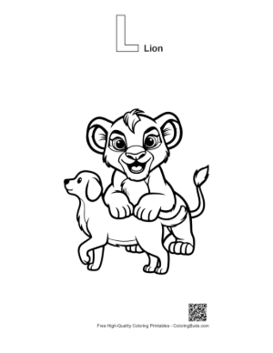 Thumbnail: Playful Lion Cub Riding Happy Puppy Printable Outline Alphabet L Lion