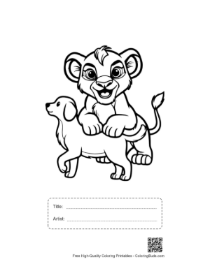 Thumbnail: Playful Lion Cub Riding Happy Puppy Printable with Title and Artist Box