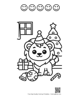 Thumbnail: Small Lion Cub with a Santa Hat and Holiday Gifts Printable and 5 Happy Face Outline