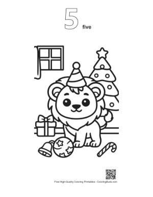 Thumbnail: Small Lion Cub with a Santa Hat and Holiday Gifts Printable Outline Number 5