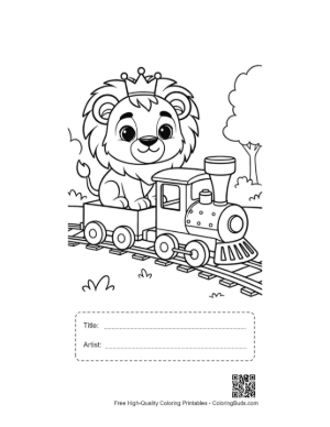 Thumbnail: Sweet Lion Cub Looking Out from a Puffing Toy Train Printable with Title and Artist Box