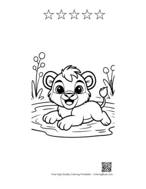 Thumbnail: Sweet Little Lion Cub Enjoying the Water in a Lake Printable and 5 Star Outline