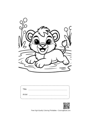 Thumbnail: Sweet Little Lion Cub Enjoying the Water in a Lake Printable with Title and Artist Box