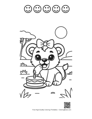Thumbnail: Adorable Lioness Cub Eating Pancakes with a Flower Bow Printable and 5 Happy Face Outline