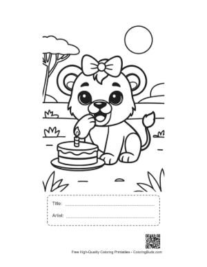 Thumbnail: Adorable Lioness Cub Eating Pancakes with a Flower Bow Printable with Title and Artist Box