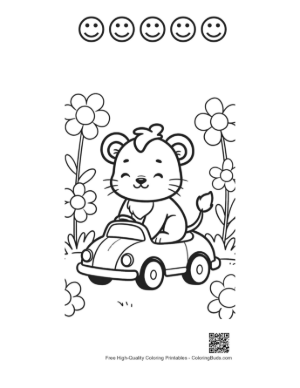 Thumbnail: Cheerful Lioness Cub Driving a Small Toy Car Printable and 5 Happy Face Outline