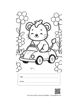 Thumbnail: Cheerful Lioness Cub Driving a Small Toy Car Printable with Title and Artist Box