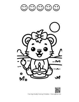 Thumbnail: Cute Lioness Cub Celebrating with a Birthday Cupcake Printable and 5 Happy Face Outline