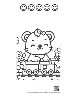 Thumbnail: Cute Lioness Cub Conductor on a Steam Engine Train Printable and 5 Happy Face Outline