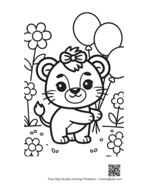 Thumbnail: Cute Lioness Cub Holding a Bouquet of Flowers and Balloons Printable