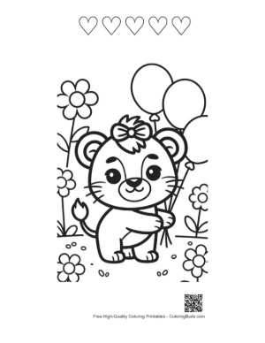 Thumbnail: Cute Lioness Cub Holding a Bouquet of Flowers and Balloons Printable and 5 Heart Outline