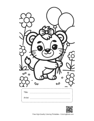 Thumbnail: Cute Lioness Cub Holding a Bouquet of Flowers and Balloons Printable with Title and Artist Box